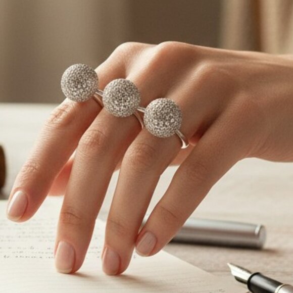 nOir Jewelry Cassandra Double Finger Ring CZ Pave Balls Adjustable Rhodium Gold - Picture 3 of 3